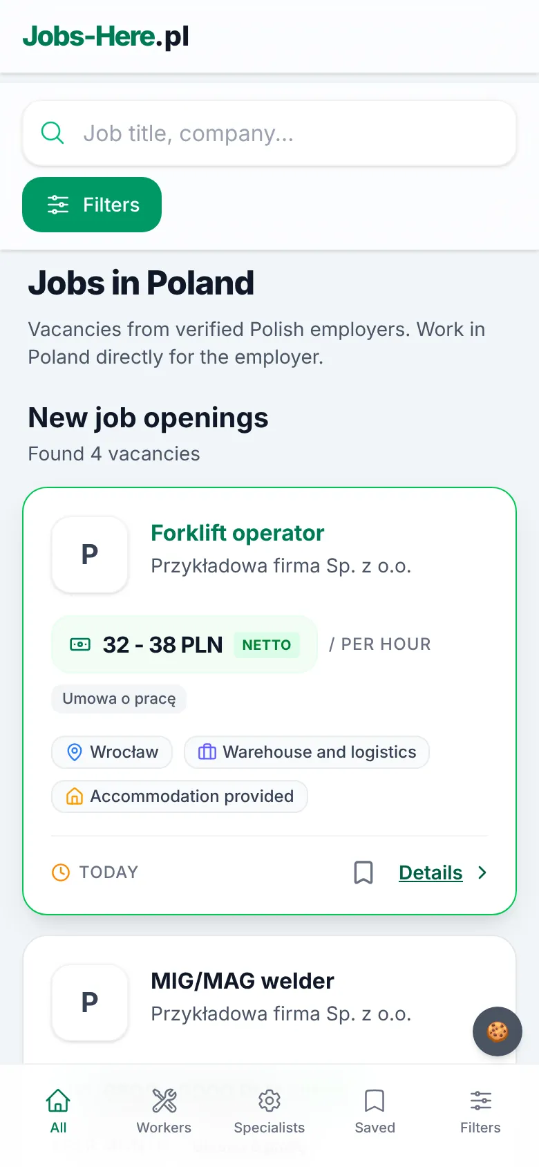 Strona główna jobs-here.pl na telefonie (przykładowe ogłoszenia)