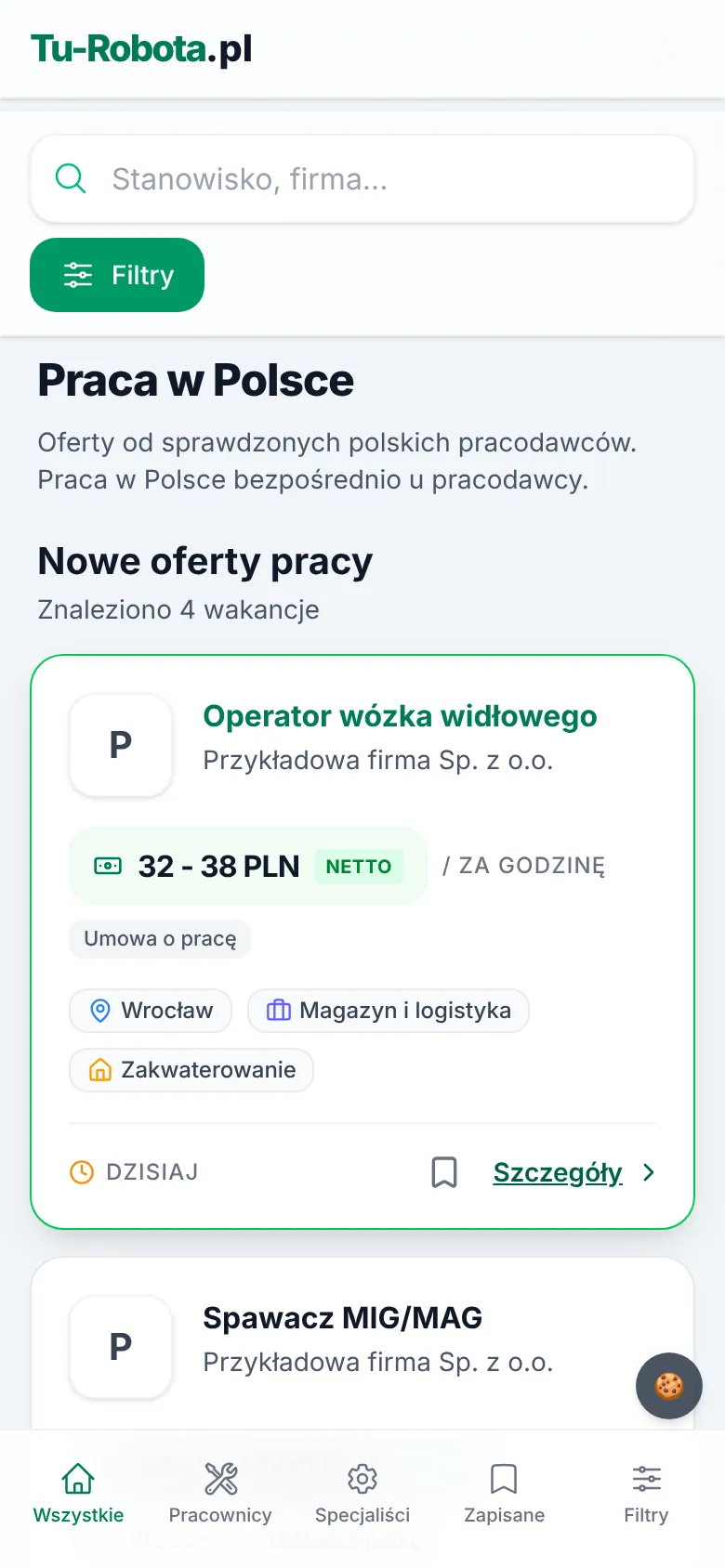Strona główna tu-robota.pl na telefonie (przykładowe ogłoszenia)
